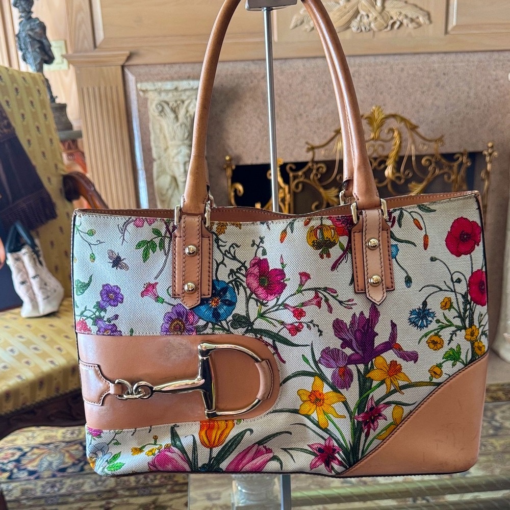 Gucci Floral Canvas Tote Bag with Tan Accents